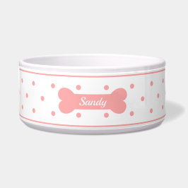 Comedero Lunares rosados sobre blanco con hueso de perro y 