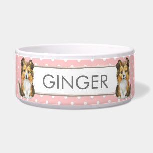 Comedero Lunares rosados y blancos personalizados Sheltie