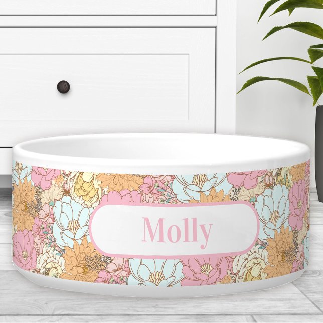 Comedero Marca floral acuarela Nombre Mascota Tazón de perr (Watercolor Floral Pattern Name Pet Dog Bowl)