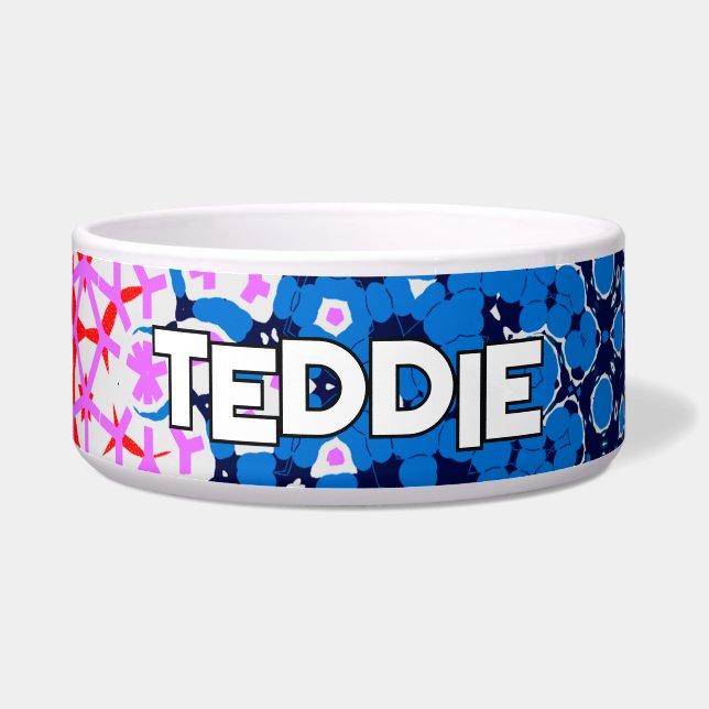 Comedero Mascota de diseño de Kaleidoscópico azul y rosa (Frente)