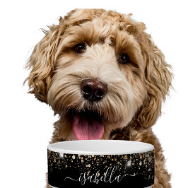 Comedero Mascota de guión de nombre de purpurina de oro neg