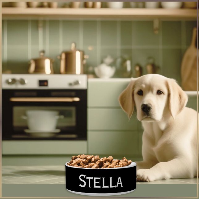 Comedero Mascota de nombres monocromo simple en blanco y ne (A black and white bowl for your dog's food or water, personalized with your pet's name)