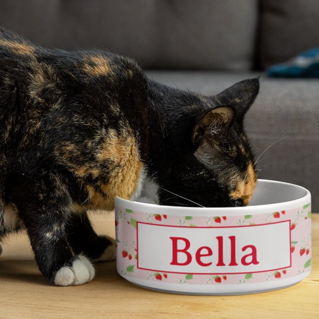 Comedero Mascota de patrón de fresas de color agua (Delightful pet bowl: Customized with watercolor strawberry blossoms!)