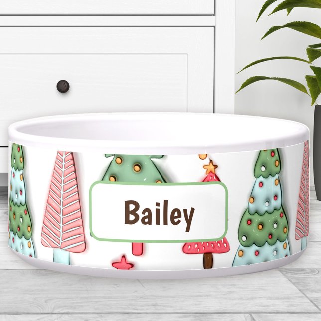 Comedero Mascota de Perro de nombre personalizado del árbol (Cute Pastel Christmas Tree Custom Name Dog Pet Bowl)