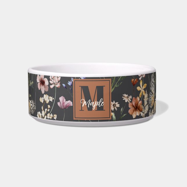Comedero Mascota Floral Monogramada Boho Moderna (Frente)