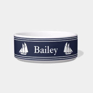 Comedero Mascota Nautical Midnight Blue and White Sailboat