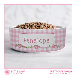 Comedero Mascota Personalizada Floral Gingham Rosa