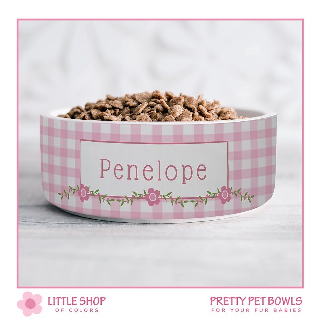 Comedero Mascota Personalizado de Floral de Gingham Rosa (Subido por el creador)