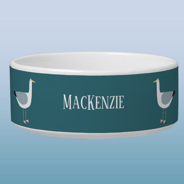 Comedero Mascota personalizado de la costa de gaviota (Fun seagull coastal themed personalized name dog or pet bowl)