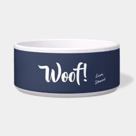 Comedero Mascota personalizado Woof Cute Text Navy Blue & W