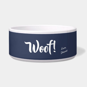 Comedero Mascota personalizado Woof Cute Text Navy Blue & W