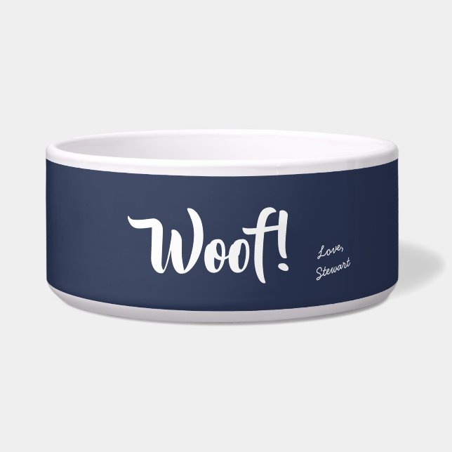 Comedero Mascota personalizado Woof Cute Text Navy Blue & W (Frente)