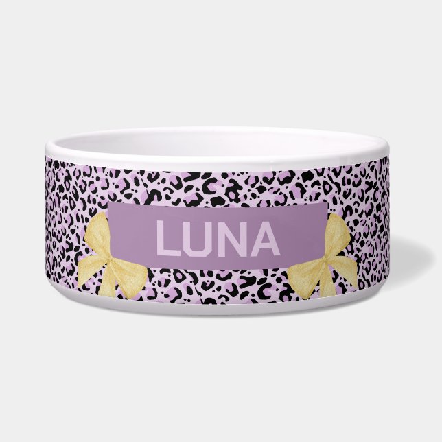 Comedero Mascota Purple Leopard Print Gold Bow (Frente)