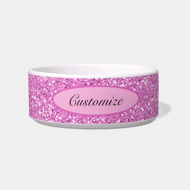 Comedero Mascota Purpurina Rosa Faux Personalizado (Frente)