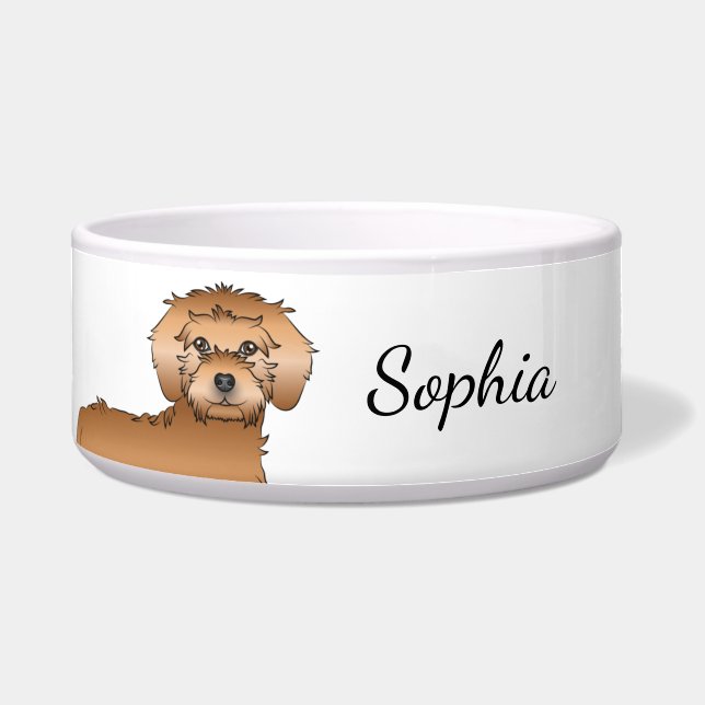 Comedero Mini Goldendoodle Cartoon de albaricoque & nombre (Frente)