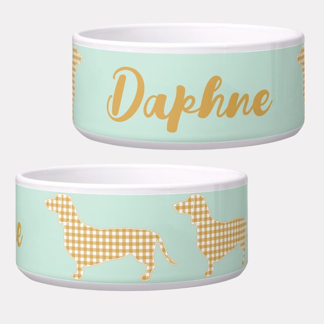 Comedero Moneda de Gingham Dachshund personalizada (Personalized Gingham Dachshund dog bowl with script name)