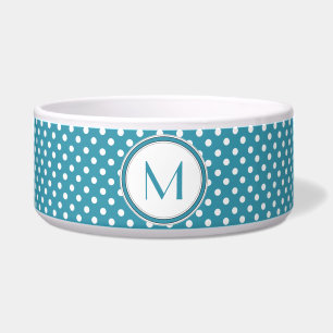 Comedero Monograma de mascotas con polka azul y blanco