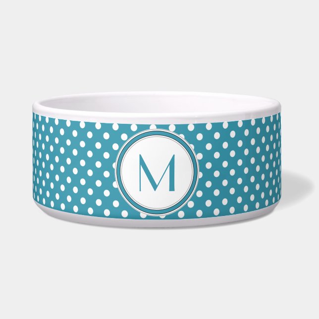 Comedero Monograma de mascotas con polka azul y blanco (Frente)