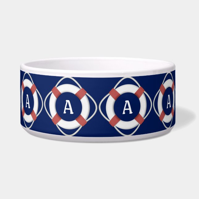 Comedero Monograma de Navy Blue Nautical Lifesaver (Frente)