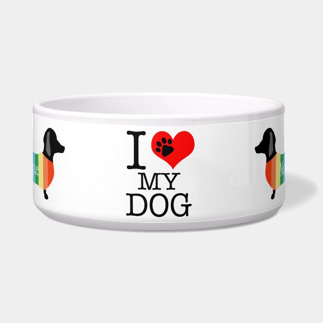 Comedero Monograma lindo arcoiris Dachshund Amo a mi perro (Frente)