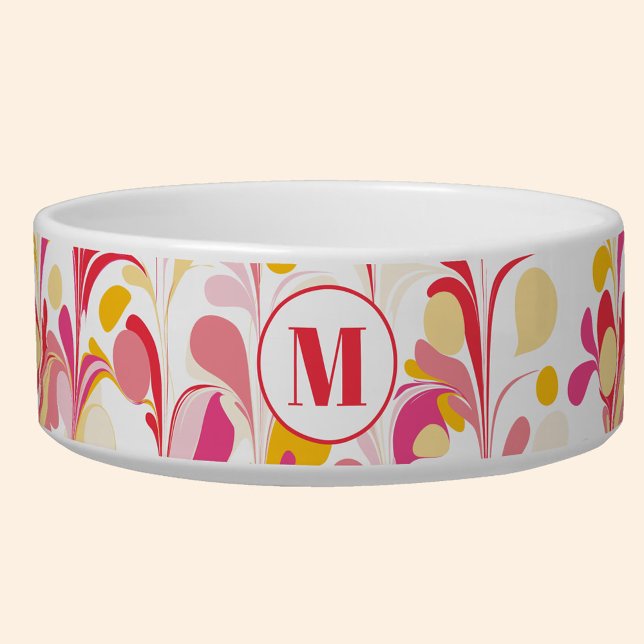Comedero Monograma Resumen Patrón de Mármol Retro (Retro abstract marble pattern pink yellow monogram personalized ped food bowl)