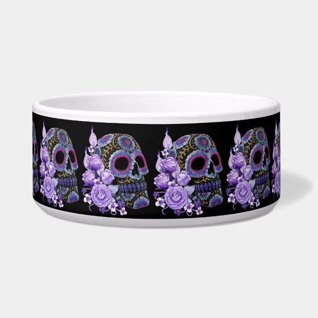 Comedero Morado Floral Black Sugar Skull Día De Los Muertos (Frente)