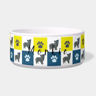 Comedero Morkie Dog & Paw Yellow & Blue Grid Dog Bowl