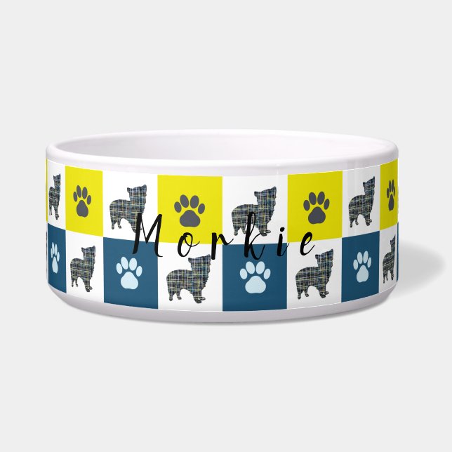 Comedero Morkie Dog & Paw Yellow & Blue Grid Dog Bowl (Frente)
