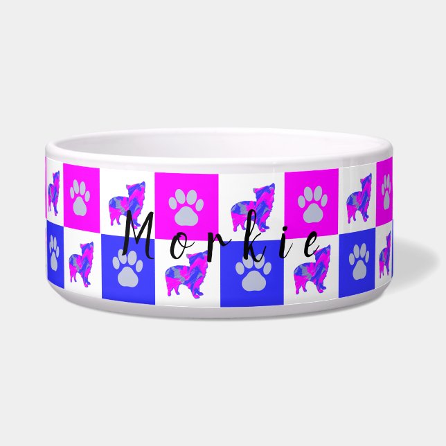 Comedero Morkie Terrier Dog & Paw Hot Pink & Blue Pet Bowl (Frente)
