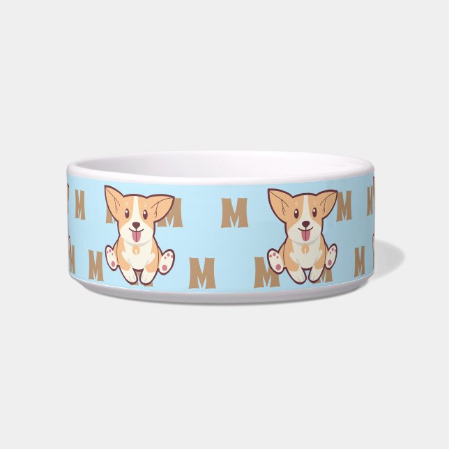 Comedero Motivo de monograma corgi mugre azul (Frente)