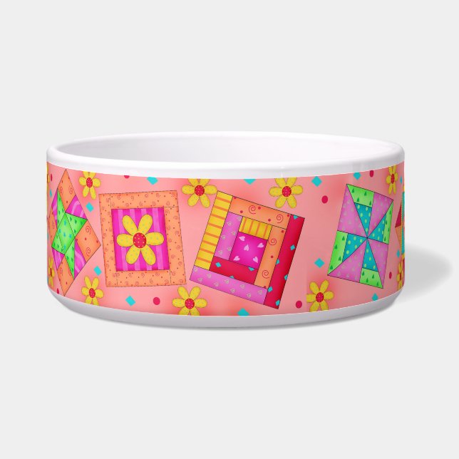 Comedero Naranja de Coral Quilt Block Dog Food Bowl (Frente)
