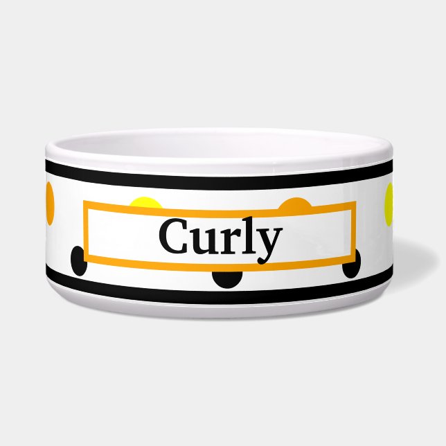 Comedero Naranja de nombre mascota Tazón de puntos de polka (Frente)