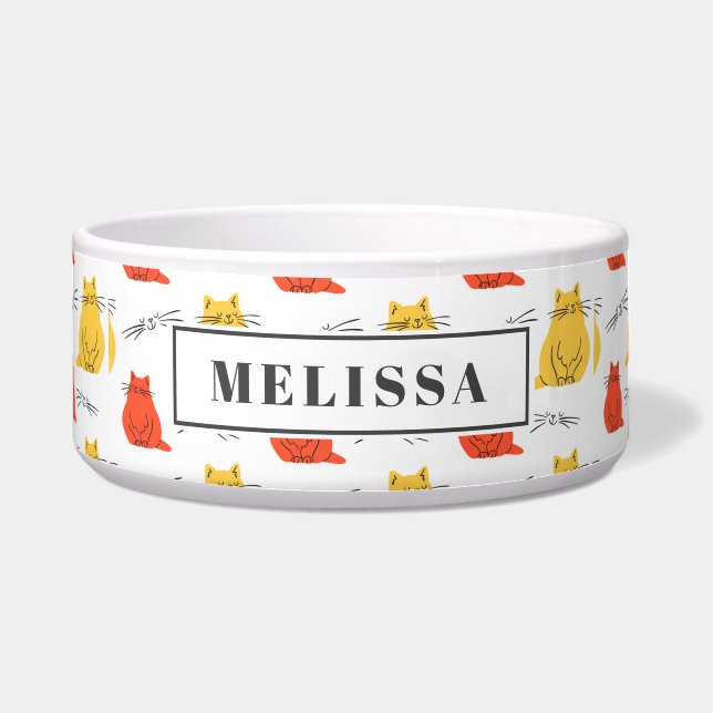 Comedero Naranja del patrón de gatos personalizado amarillo (Frente)