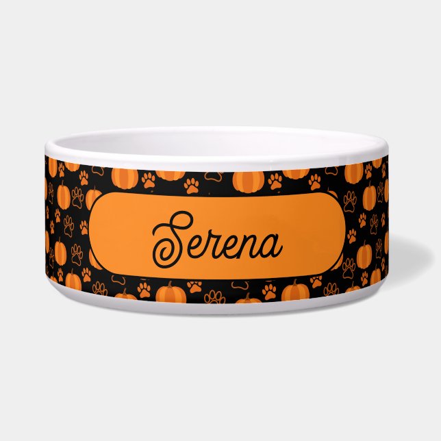Comedero Naranja y negro de calabazas y patas personalizada (Frente)