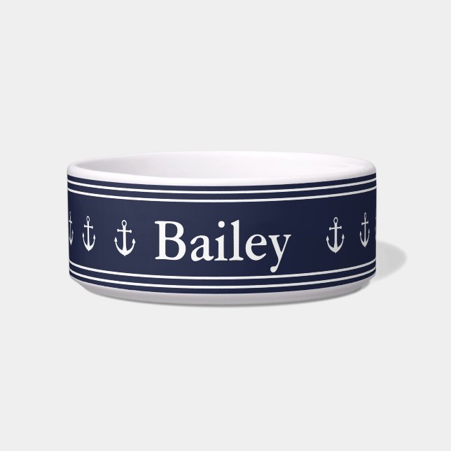 Comedero Nautical Midnight Blue Anchors y Mascota de nombre (Frente)