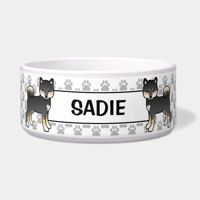 Comedero Negro Y Tan Shiba Inu Perro Con Nombre De Mascota (Frente)