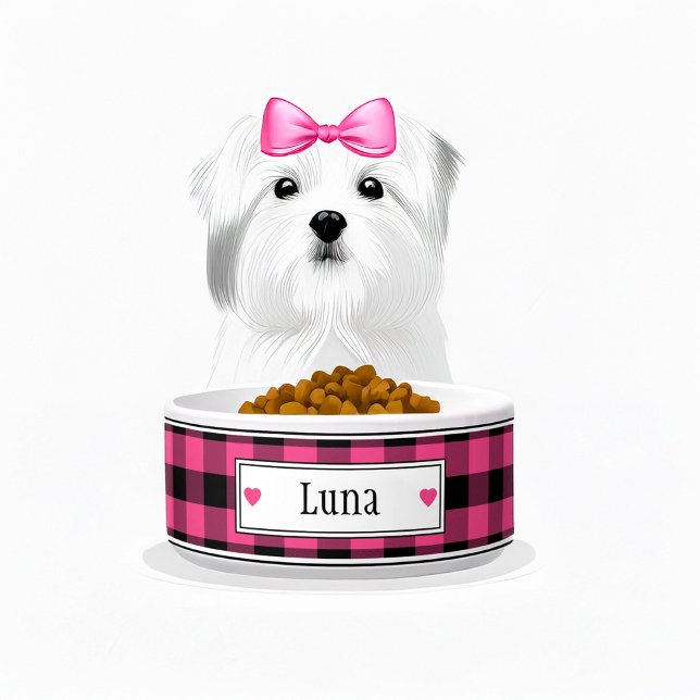 Comedero Nombre de la placa de búfalo rosa y negro (pink and black plaid personalized dog bowl)