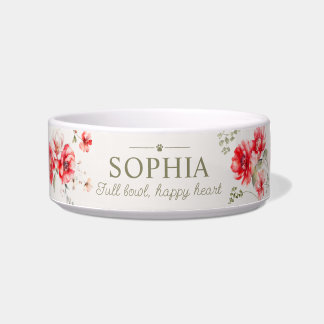 Comedero Nombre de mascota floral rojo acuarela personaliza