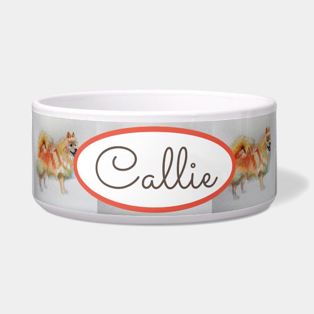 Comedero Nombre del Mascota de la acuarela de Spitz Pomeran (Frente)