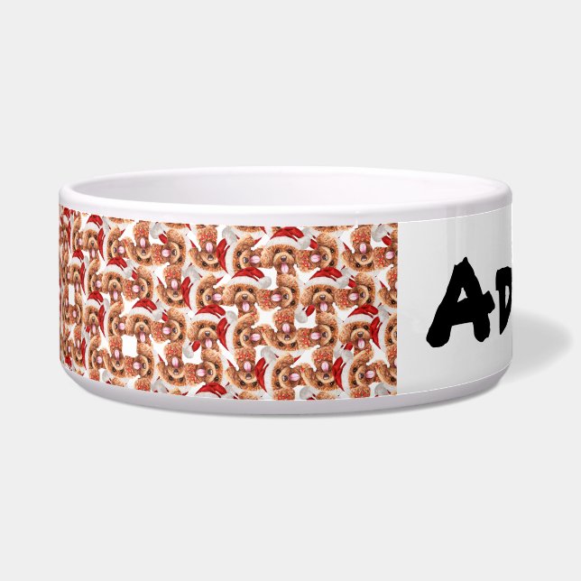 Comedero Nombre Divertido de Poodle Patrón de Navidad (Frente)