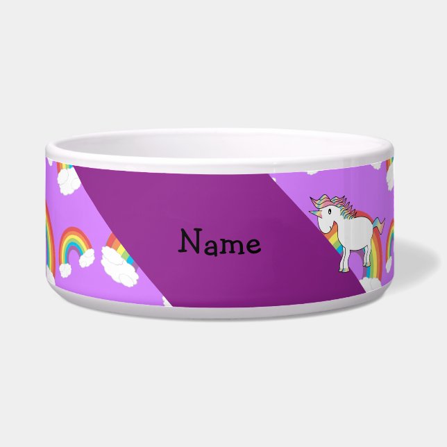 Comedero Nombre personalizado arcoiris morado unicornio (Frente)