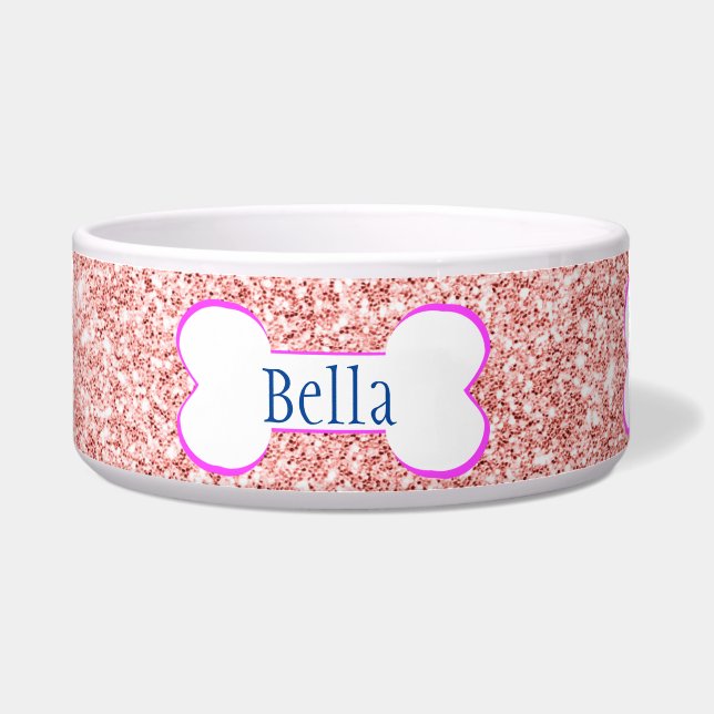 Comedero Nombre personalizado Hueso Purpurina rosa (Frente)