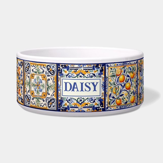 Comedero Nombre personalizado mosaico mediterráneo azul y a (Frente)