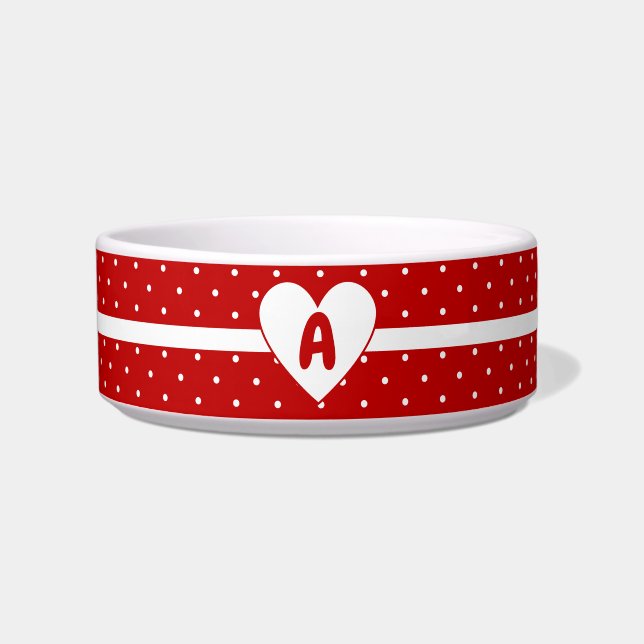 Comedero Para lunares de mascota rojo blanco fondo monogram (Frente)