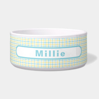 Comedero Pastel Yellow Plaid Custom Name Pet Food Water