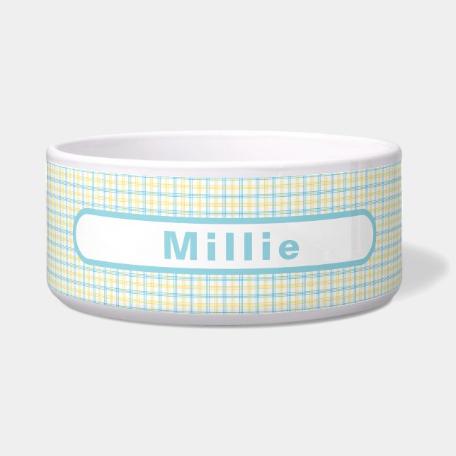 Comedero Pastel Yellow Plaid Custom Name Pet Food Water (Frente)