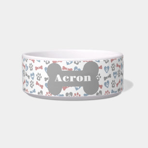 Comedero Patas De Huesos De Perro Y Patrón Gris Azul Rosa