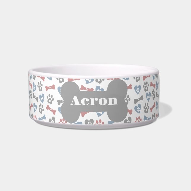 Comedero Patas De Huesos De Perro Y Patrón Gris Azul Rosa (Frente)