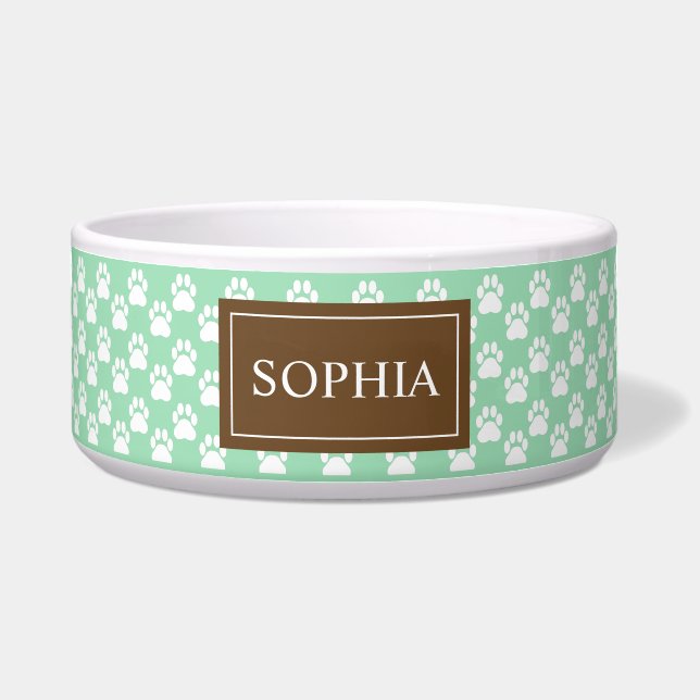 Comedero Patas De Perro Marrones Y Verde Menta Con El Nombr (Frente)