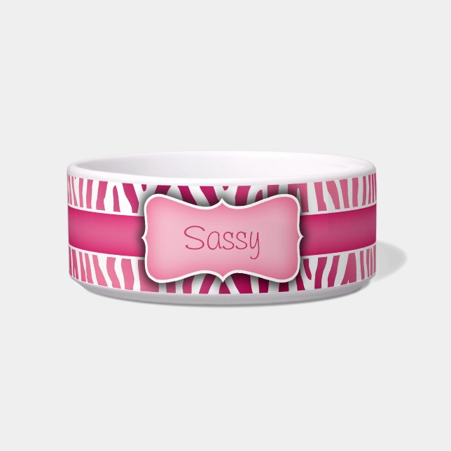 Comedero Patrón de cebra rosa y blanco personalizado (Frente)